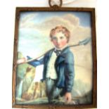 Early 19th century English school watercolour on ivory depicting a young boy in blue coat holding a