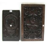 A 17th century oak panel, relief carved with a noble man in a laurel wreath, 24cm x 41cm high,