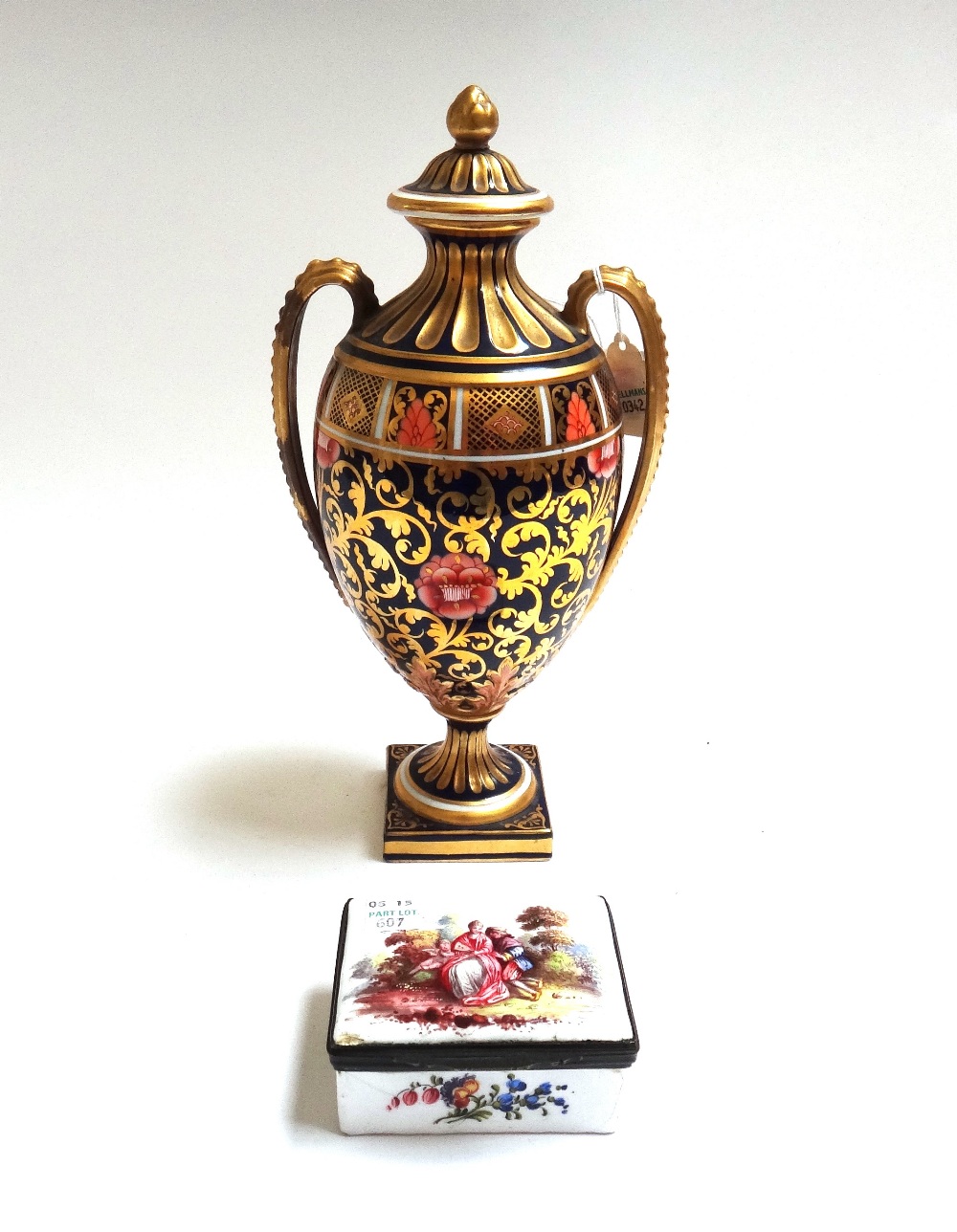 A Copeland porcelain vase, circa 1900, of two handled urn form, decorated in a gilt Imari pattern,