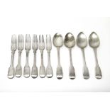 Silver table flatware, comprising; three pairs of fiddle pattern table forks,