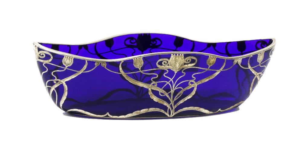 An Art Nouveau blue glass and silver overlay shaped bowl, probably American,