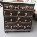 A Charles II and later chest of two short and three long graduated geometric drawers on turned feet,