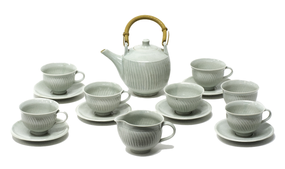 A David Leach (1911-2005) porcelain tea service 1975, spirally fluted,