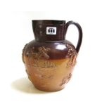 A group of brown stoneware jugs and mugs, and a mustard pot and cover,