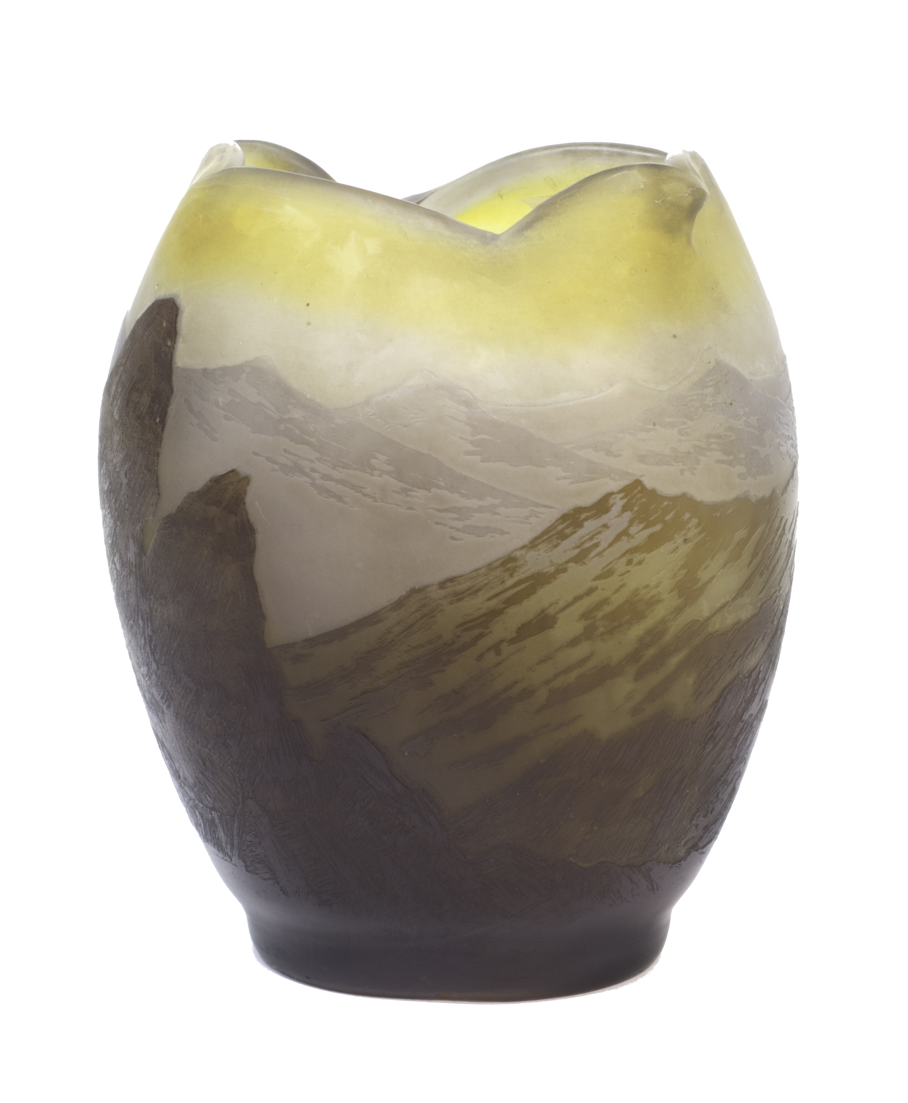 A Gallé double overlay cameo glass landscape vase, circa 1910, with shaped rim,