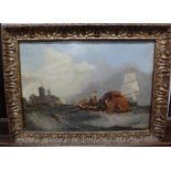 Dutch School (19th century), Pulling in the nets off the Dutch coast, oil on canvas, 24cm x 34cm.