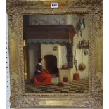 Antoon Francois Heijligers (1828-1897), Dutch interior scene with girl lighting a fire,