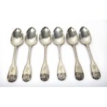 Six Scottish silver double struck fiddle, thread and shell pattern tablespoons, Glasgow 1838,