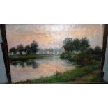 Circle of Charles François Daubigny, River scene at sunset, oil on canvas,