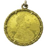 An Austrian re-struck four ducats 1915, mounted as a pendant within a ropetwist decorated border,