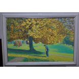 Gerry Wright (contemporary), The Autumn Golfer, oil on canvas, signed, 61cm x 91.5cm.