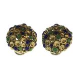 A pair of gold, green and blue enamelled earclips, each of circular form,