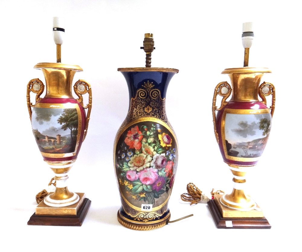 Three porcelain vases mounted as table lamps, the pair circa 1830, the single late 19th century,