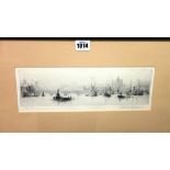 Rowland Langmaid (1897-1956), Vessels on the Thames, etching, signed in pencil, 9cm x 29cm.