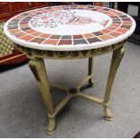 A 20th century circular composition and white marble table top on a parcel gilt green panelled base