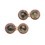 A pair of gold mounted moss agate and ruby set dress cufflinks, each formed from two dress buttons,