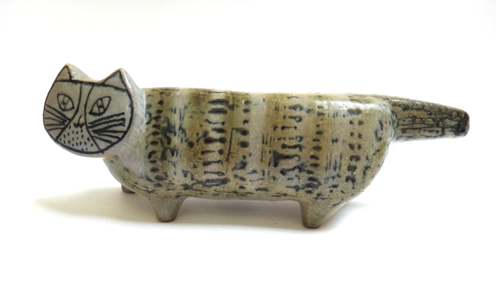 A Guvstavsberg Swedish pottery cat, Lisa Larson designed, of stylised form, 32cm wide.