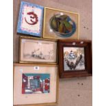 A small group of pictures, including a linocut print of buildings, a pastel of pears,