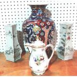 A pair of Japanese vases, a Chinese imari vase and an floral decorated porcelain coffee pot.