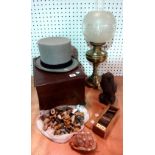 A quantity of collectables, including an oak wood top box, an oil lamp, a top hat,