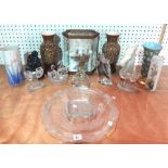 A quantity of ceramics and glass, including a glass tray, glass models of swans,