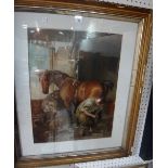 After Sir Edwin Landseer, Shoeing the Bay Mare, chromolithograph, together with a Baxter print.