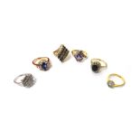 A 9ct gold, sapphire and diamond set oval cluster ring, a gold,