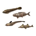 A group of three Eastern white metal and one brass articulated fish, 19th century,