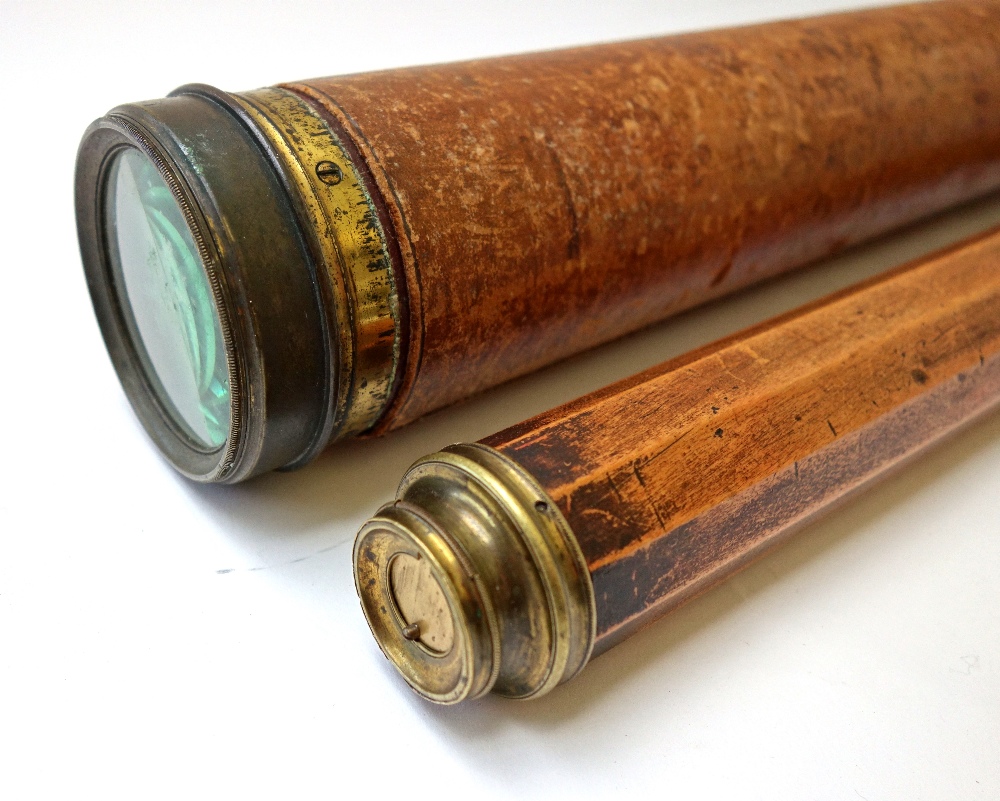 A brass and wooden bound single draw telescope, 19th century, of faceted form, 60cm extended, - Image 2 of 3