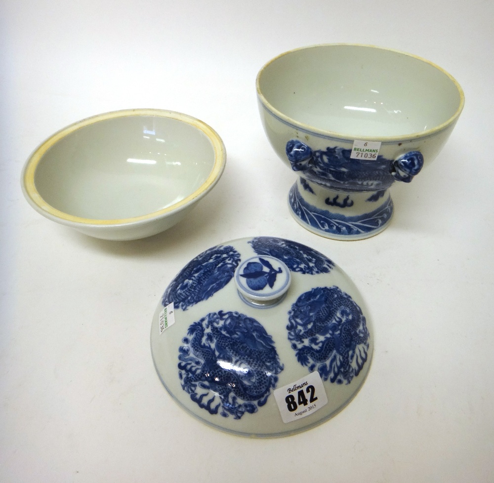 A Chinese blue and white bowl, cover and liner, Guangxu mark, probably early 20th century, - Image 5 of 8