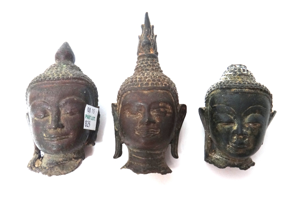 A group of three small Thai bronze buddha heads, probably circa 14th century, tallest 11cm. - Image 2 of 10