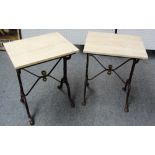 A near pair of marble topped rectangular side tables, on cast iron bases,