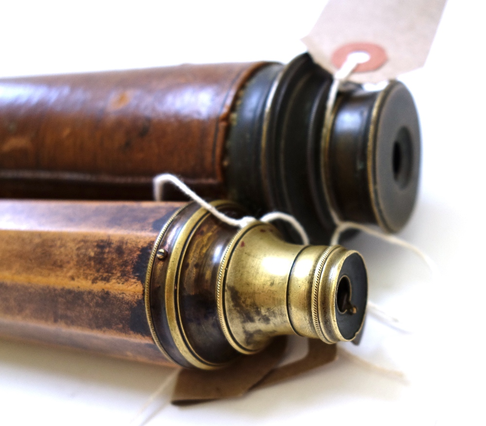 A brass and wooden bound single draw telescope, 19th century, of faceted form, 60cm extended, - Image 3 of 3