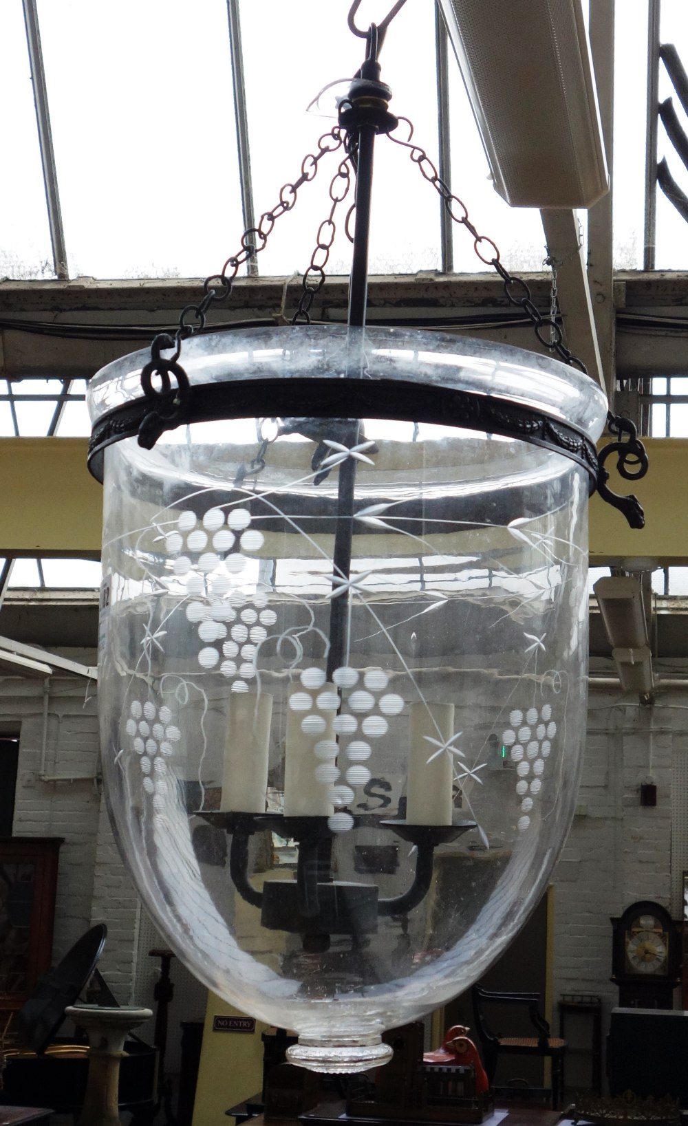 An Indian style Hundi lantern with engraved bowl, metal mounts and a three light fitment. - Image 2 of 2