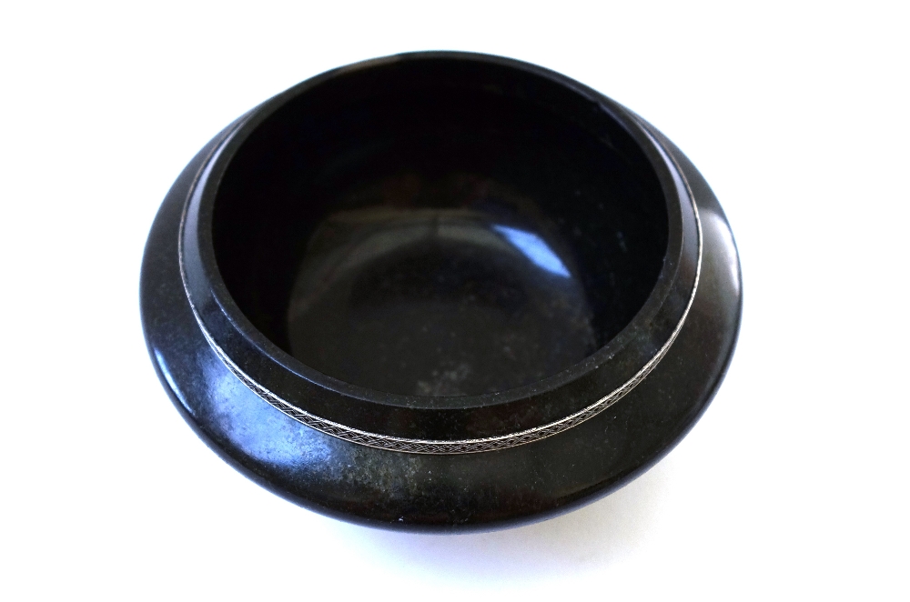 A hardstone circular bowl, 20th century, with applied white metal mounts, - Image 2 of 2