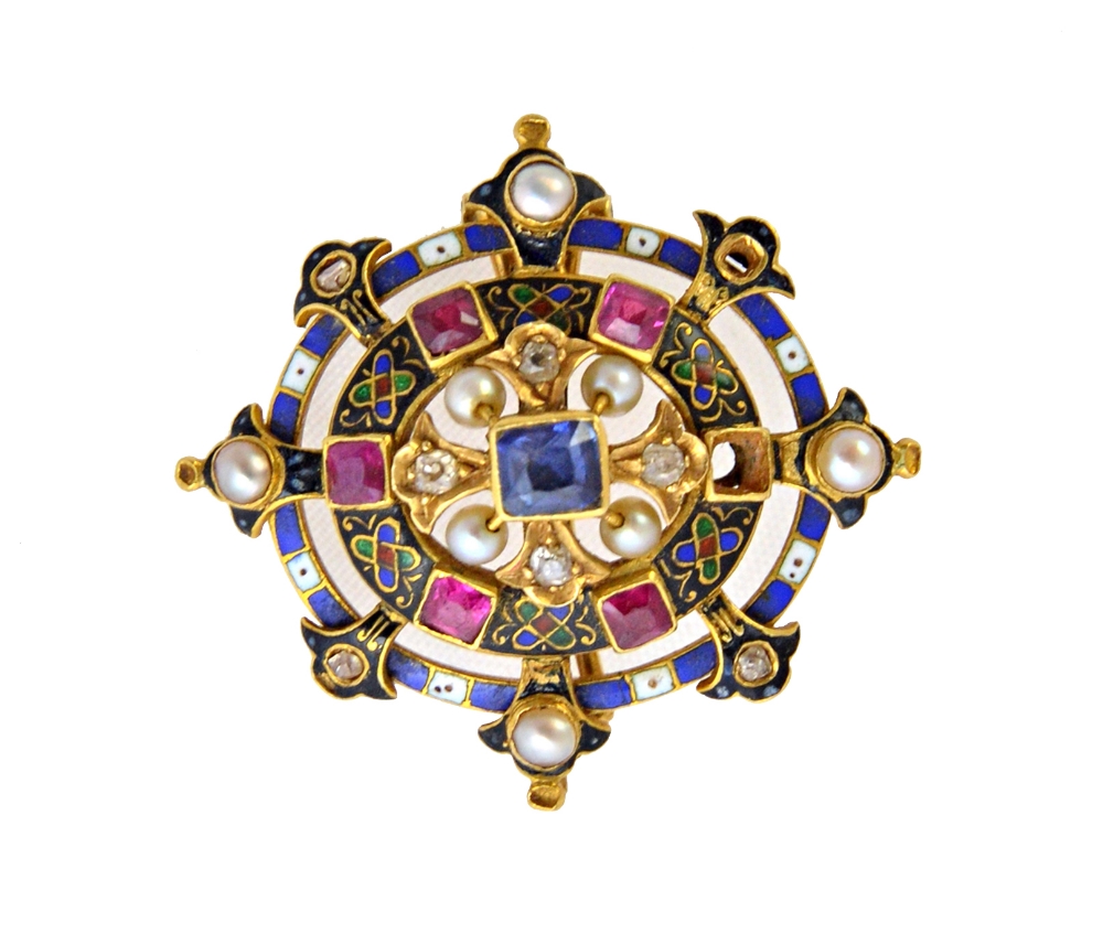 A mid 19th century gold, enamelled and gem set Renaissance revival brooch,