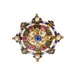 A mid 19th century gold, enamelled and gem set Renaissance revival brooch,