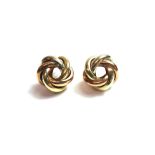 A pair of 9ct three colour gold earrings, each in an interwoven knot design,