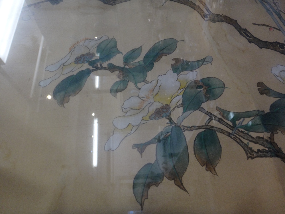 A large Chinese painting on silk, 20th century, painted with birds amongst flowering prunus, - Image 3 of 6