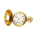 A gentleman's 18ct gold cased, keyless wind, half hunting cased Waltham pocket watch,