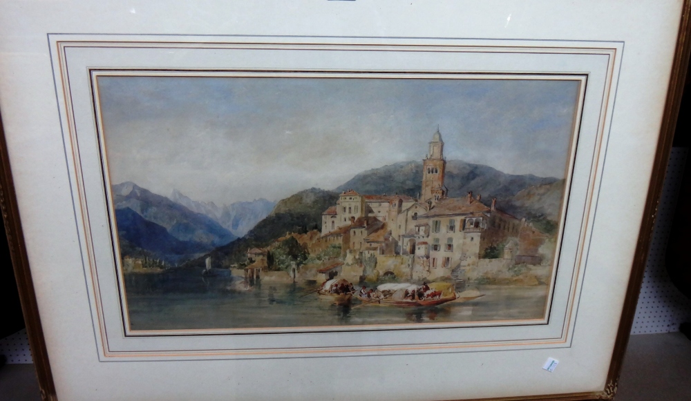Edward Alfred Angelo Goodall (1819-1908), Boats near a village on Lake Maggiore, watercolour,