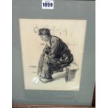 Phil May (1864-1903), Seated fisherman, black chalk, 24cm x 19cm.