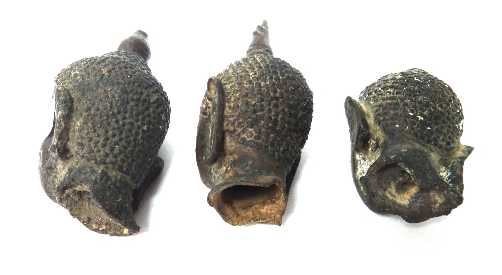 A group of three small Thai bronze buddha heads, probably circa 14th century, tallest 11cm. - Image 3 of 10