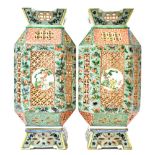 A good pair of Chinese famille-verte reticulated lanterns and stands, late 19th century,