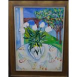 Mary Tempest (20th century), Still life of white roses on a tabletop, gouache, signed and dated '88,