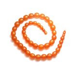 A single row necklace of oval semi translucent butterscotch coloured amber beads,