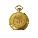 A ladies gold cased keyless wind open faced fob watch, with an unsigned gilt cylinder movement,