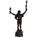 A patinated spelter figural table lamp, after Moreau 'Primax',