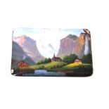 A Swiss enamelled on copper rectangular plaque, depicting an alpine scene, with a church,