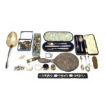A silver christening spoon and fork, Sheffield 1915, cased, further silver,